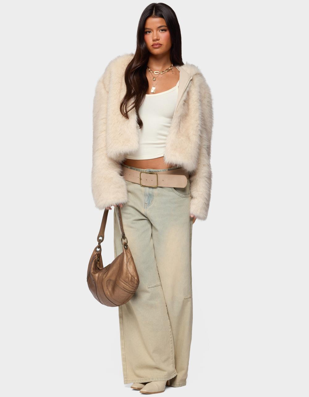 EDIKTED Beyonca Hooded Faux Fur Jacket - BEIGE