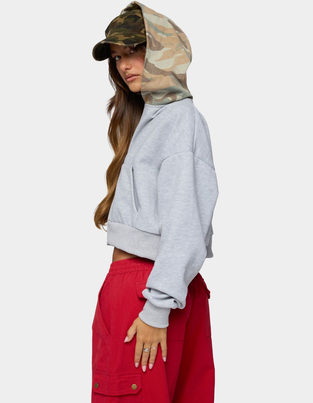 EDIKTED Graci Contrast Camo Zip Up Hoodie - LIGHT GRAY