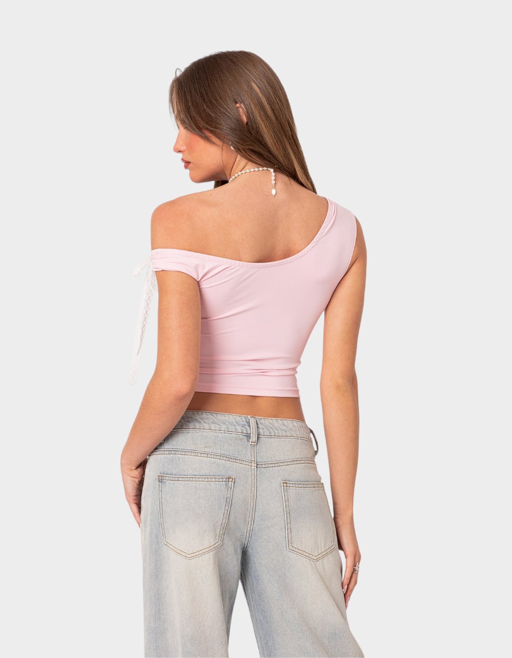 EDIKTED Lace Bow Asymmetric Top - PINK