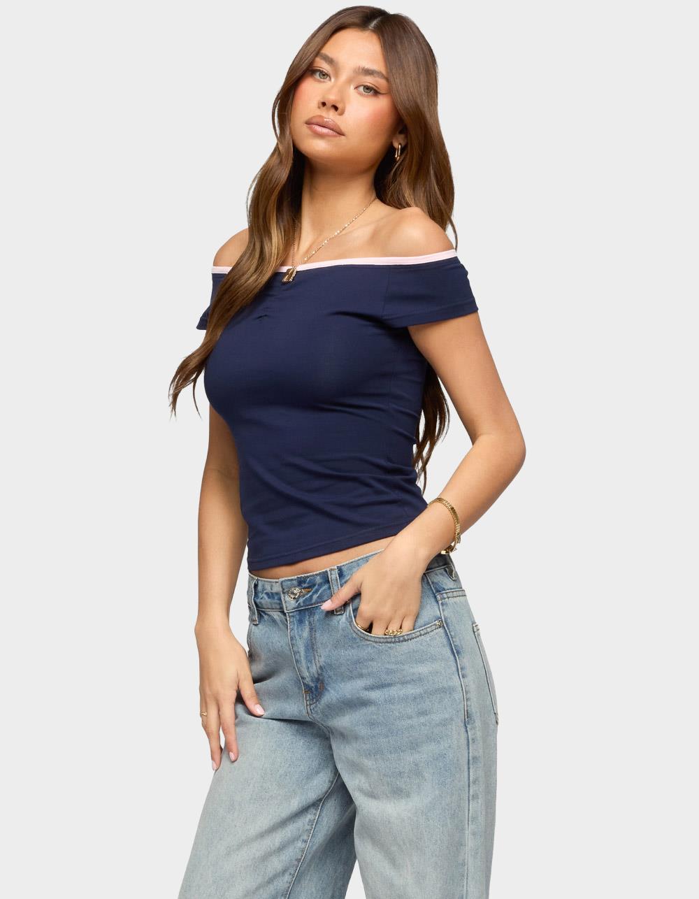 EDIKTED Dellah Contrast Off Shoulder Top - NAVY