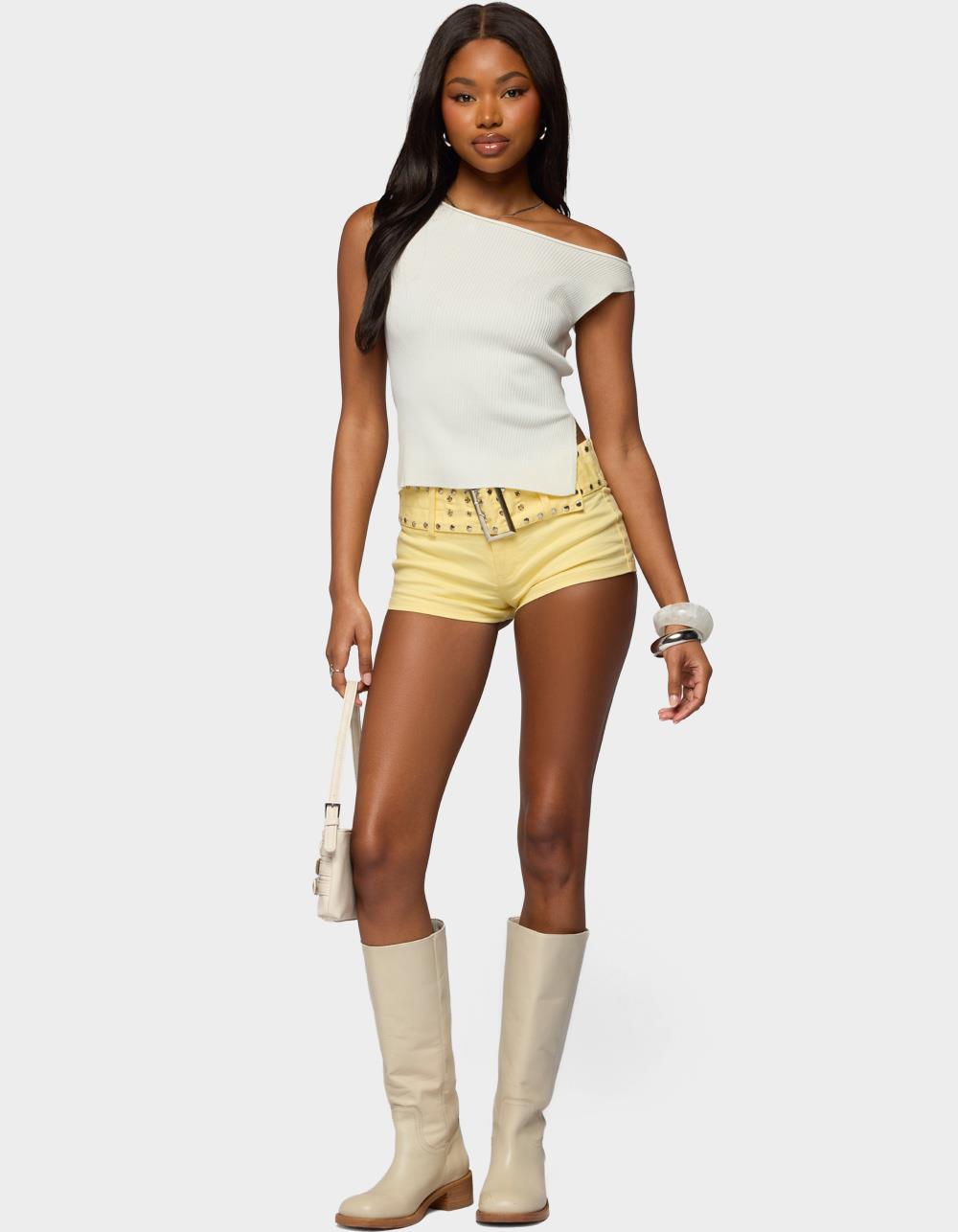 EDIKTED Studded Belt Denim Micro Shorts - YELLOW