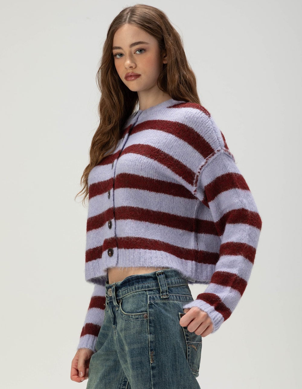BDG Urban Outfitters Womens Stripe Cardigan - PURPLE COMBO