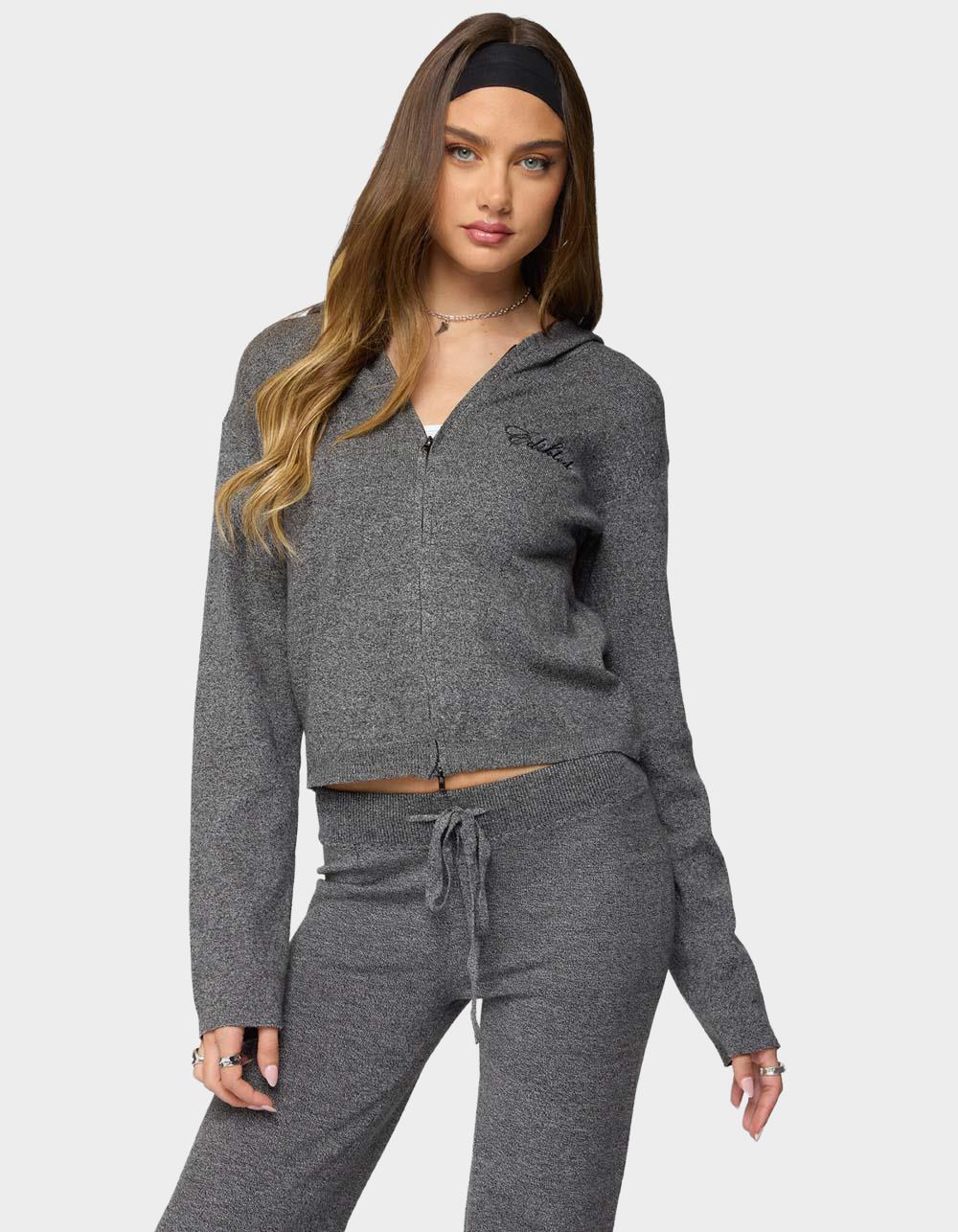 EDIKTED Ayah Knit Zip Up Hoodie - DARK GRAY