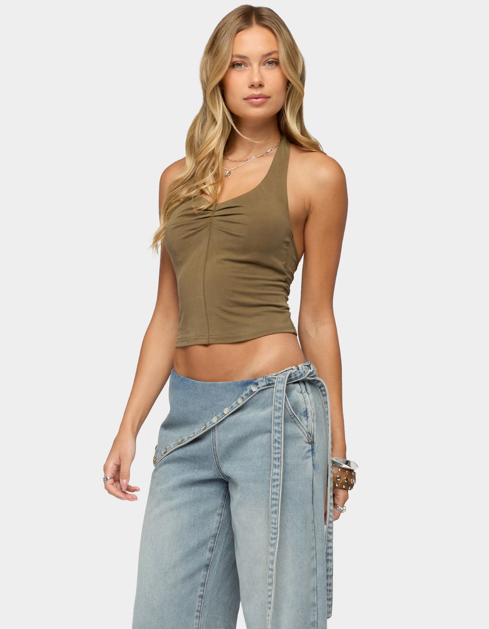 EDIKTED Montanah Pleated Halter Top - DK GREEN