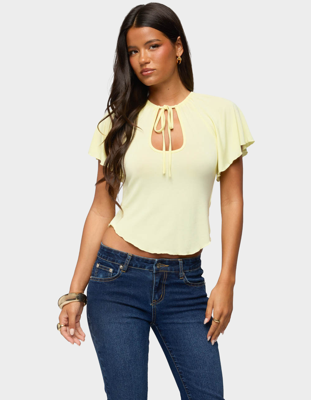 EDIKTED Roye Keyhole Flutter Raglan Top - YELLOW