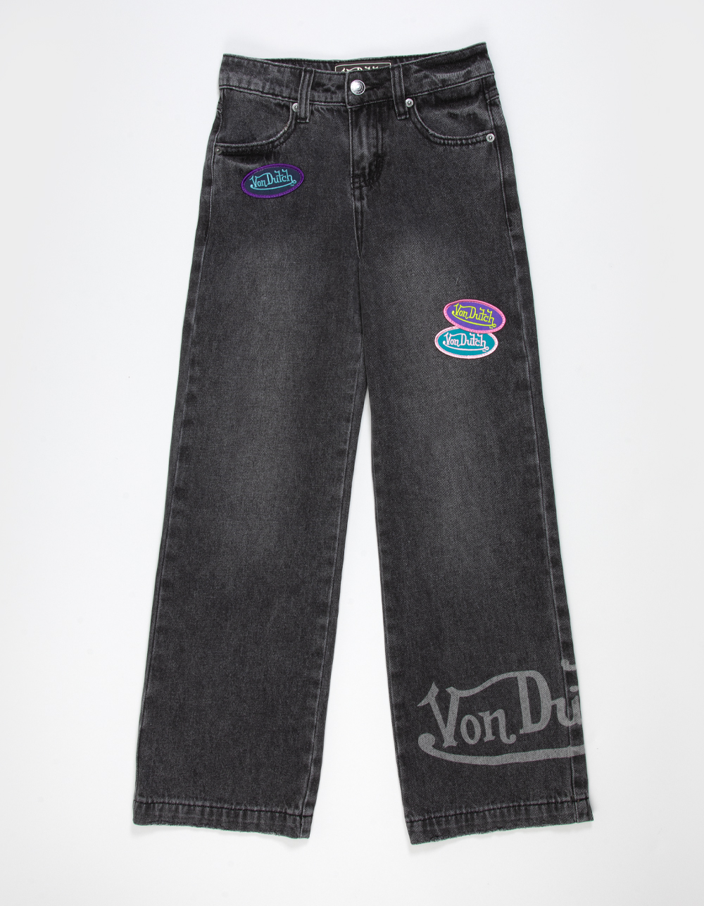 VON DUTCH Girls High Rise Patch Wide Leg Jeans - WASHED BLACK