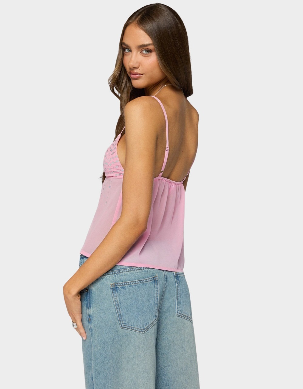 EDIKTED Klio Sequin Chiffon Babydoll Top - LIGHT PINK