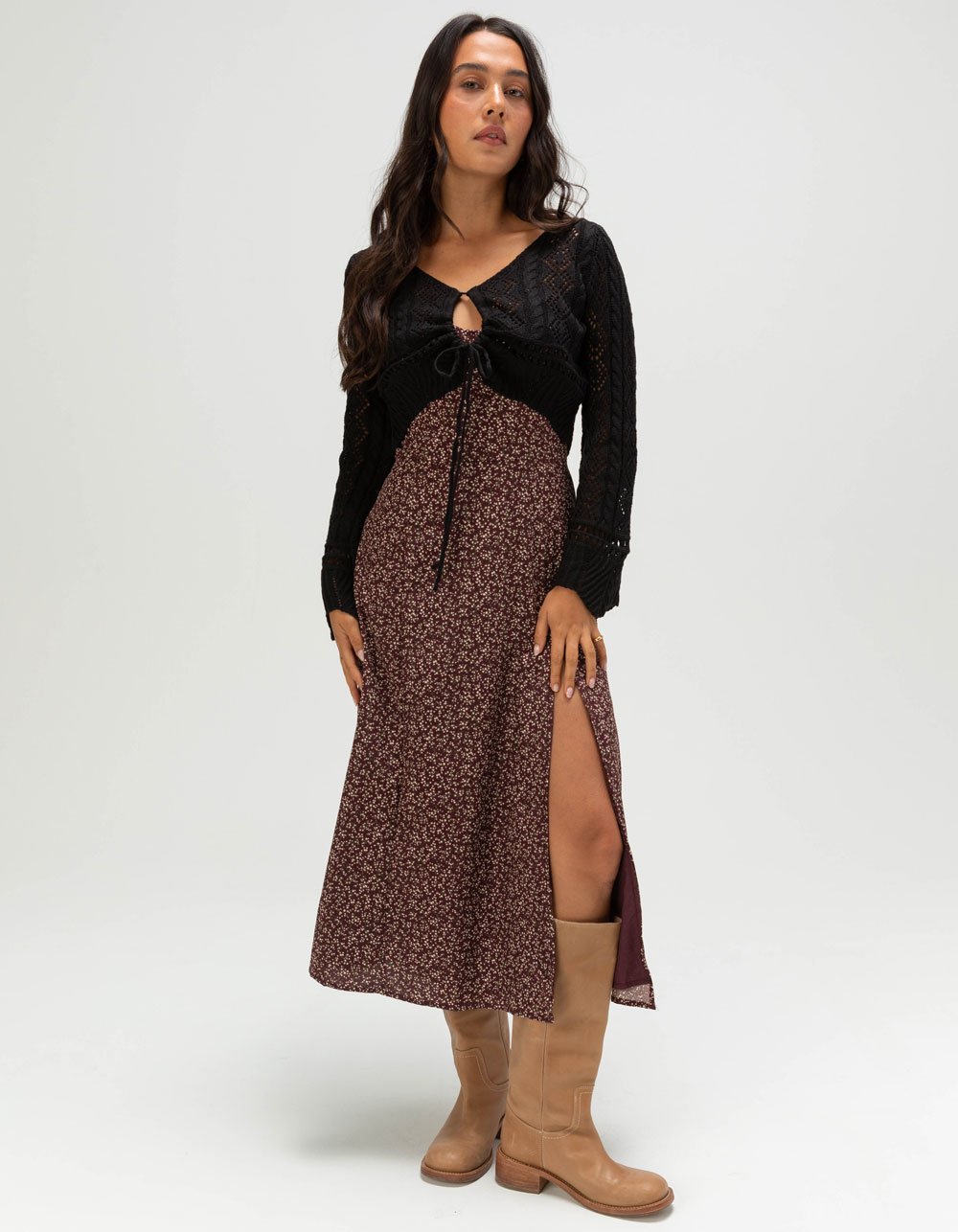NECTAR CLOTHING Womens Long Sleeve Crochet Top - BLACK
