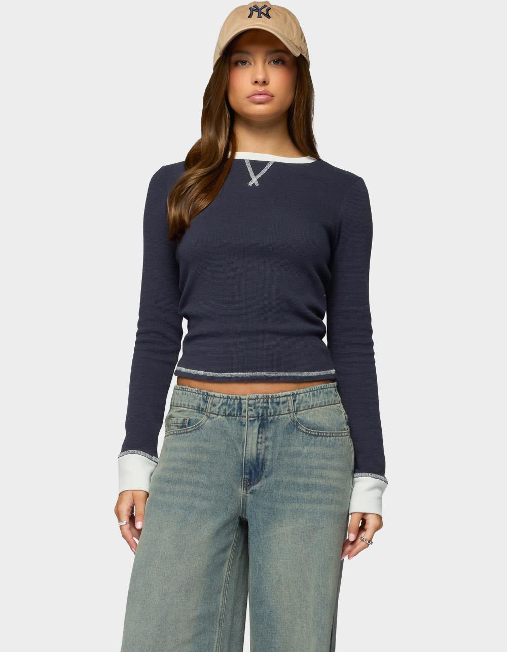 EDIKTED Rora Contrast Long Sleeve Waffle Top - NAVY