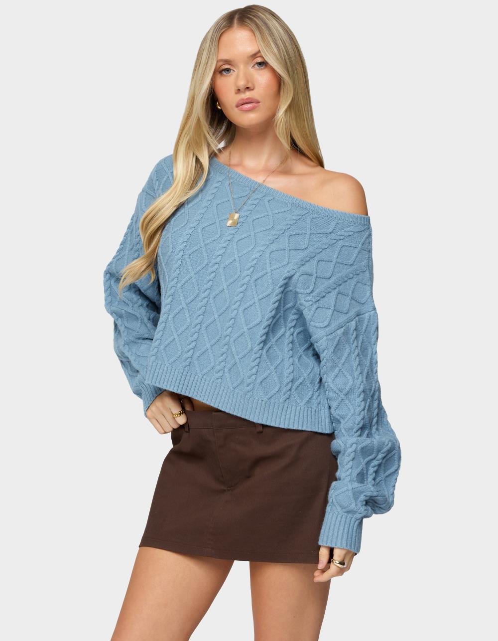 EDIKTED Oversized Off Shoulder Cable Knit Sweater - BLUE