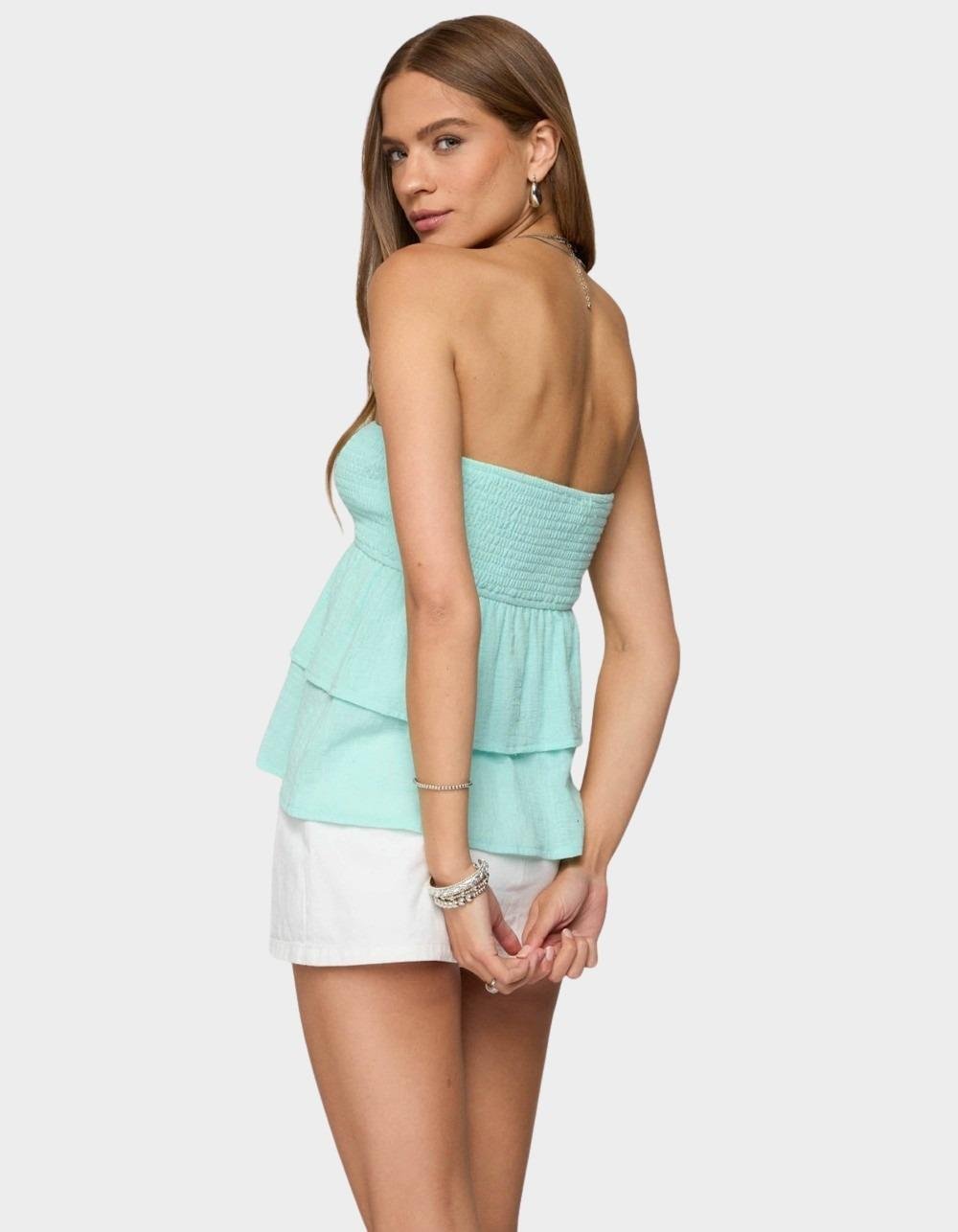 EDIKTED Harleigh Ruffled Linen Look Tube Top - BLUE