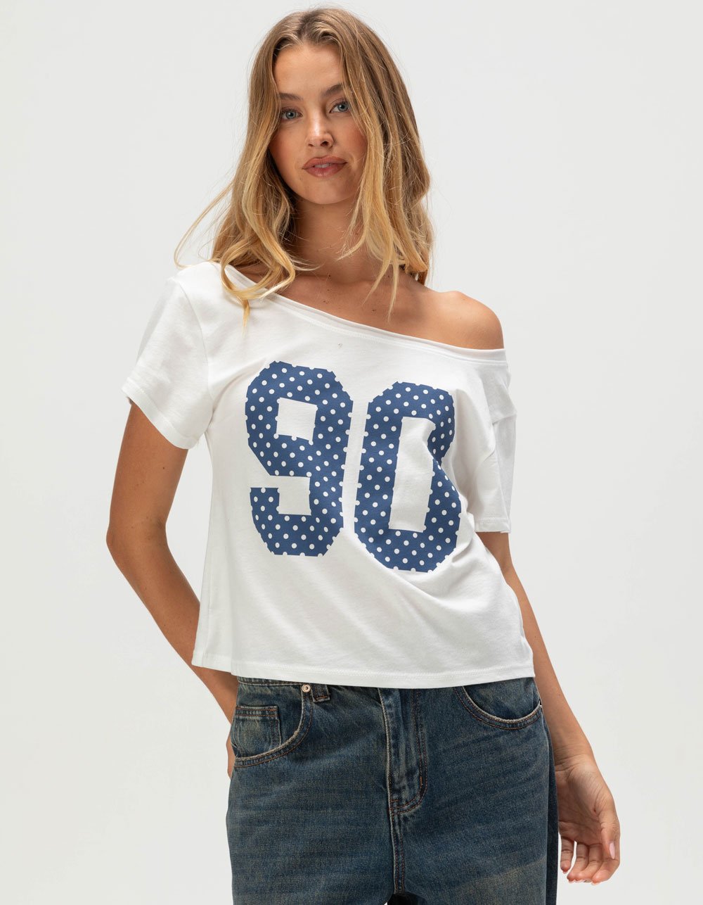 FULL TILT 90 Dot Womens Off The Shoulder Tee - IVORY