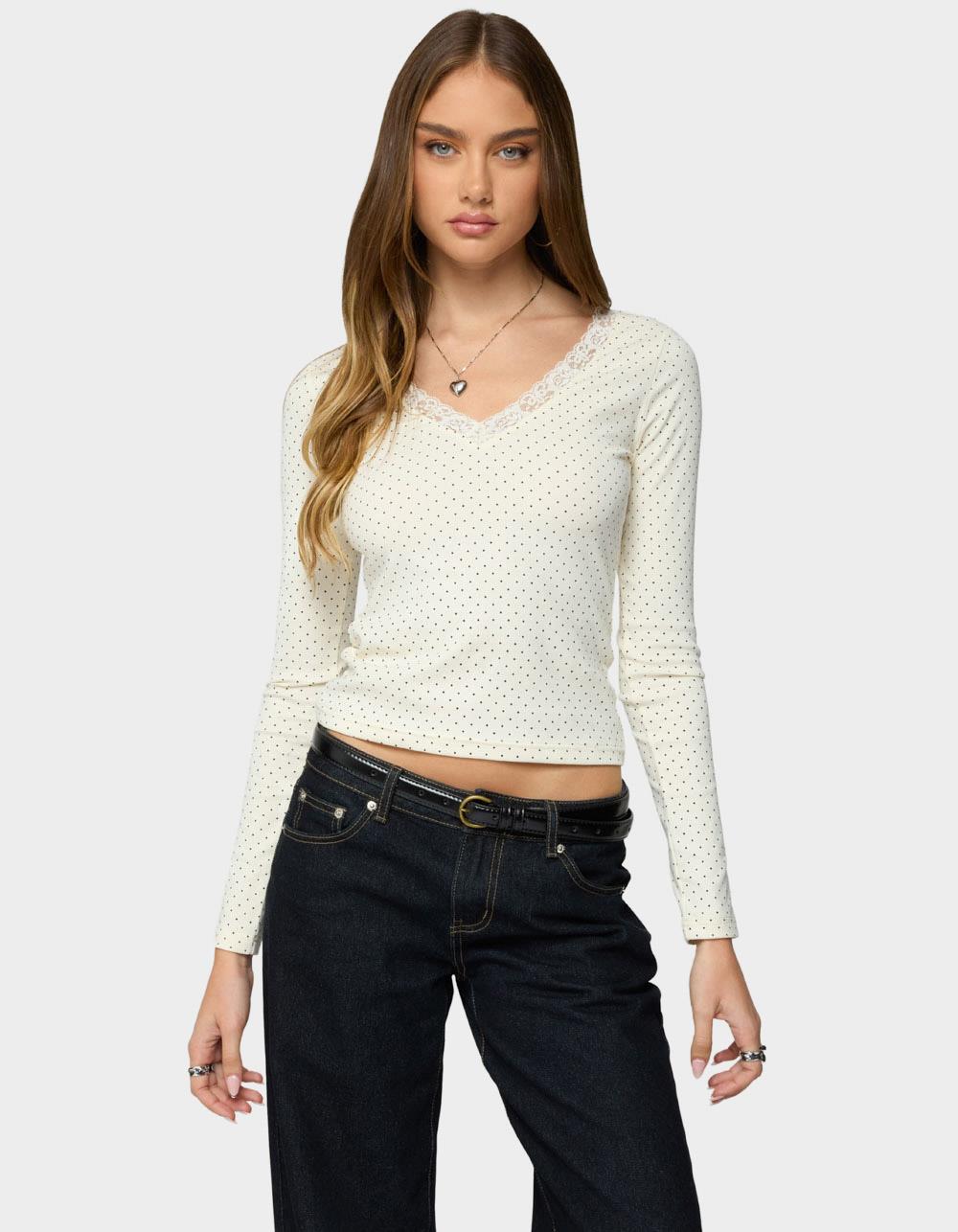 EDIKTED Morah Lacey Polka Dot Top - BEIGE