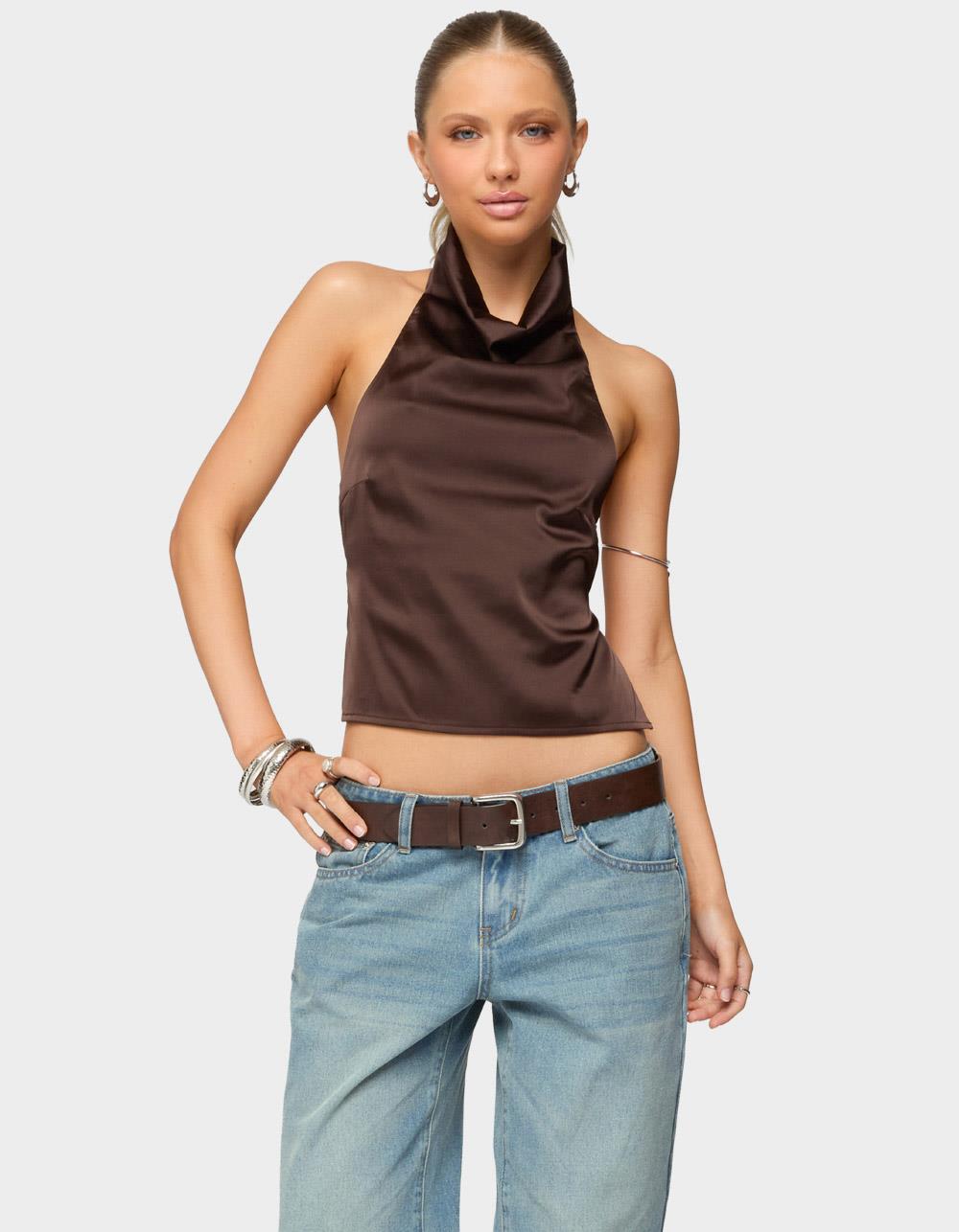 EDIKTED Satin Effect Backless Cowl Neck Top - BROWN