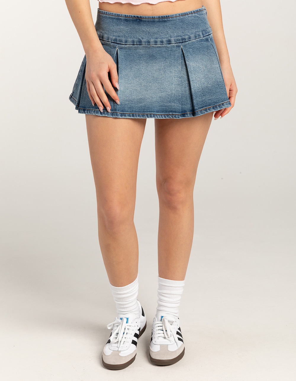 RSQ Womens Low Rise Pleated Denim Mini Skirt - MEDIUM WASH | Tillys