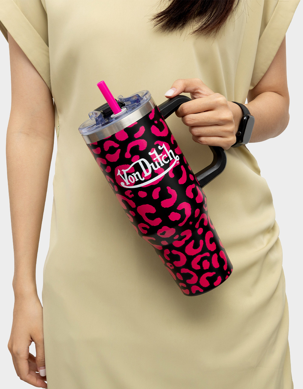 VON DUTCH 40oz Hot Pink Cheetah Double Walled Insulated Stainless Steel Tumbler - CHEETAH