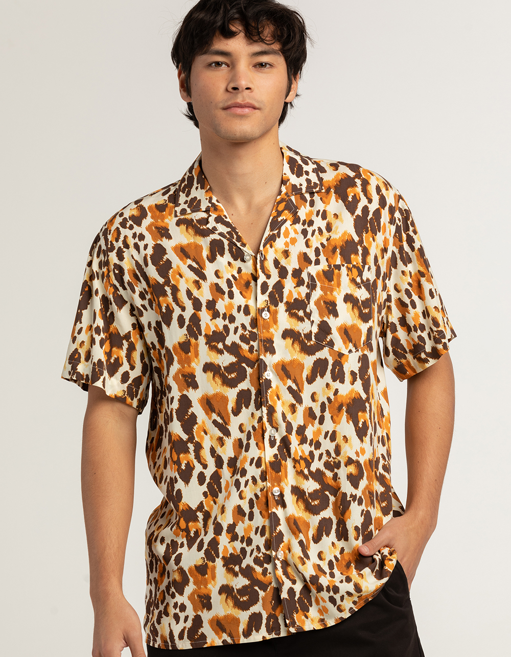RSQ Mens Cheetah Button Up Shirt - BROWN COMBO
