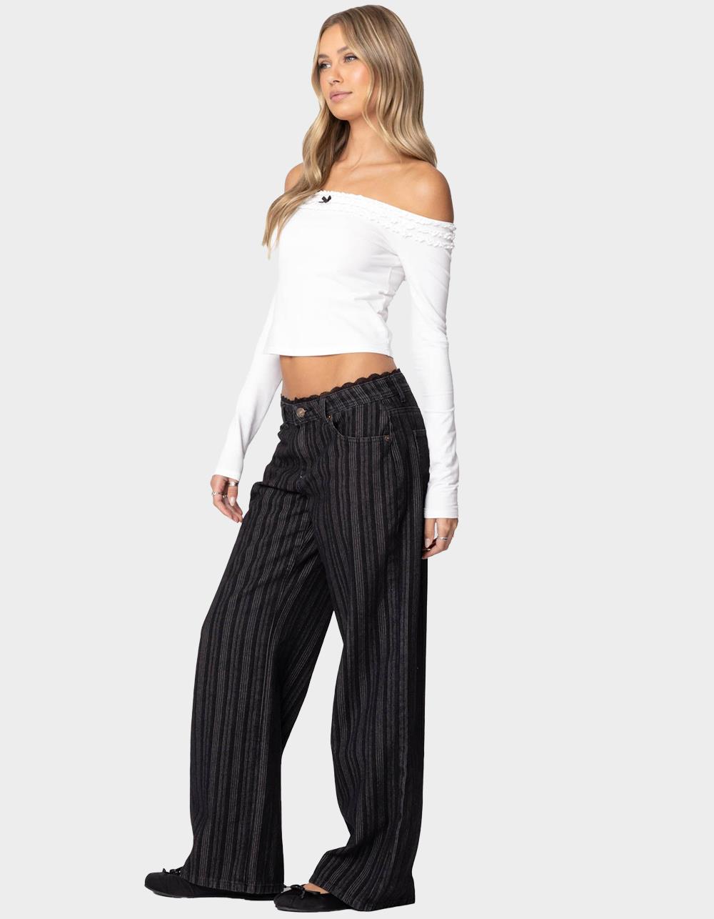 EDIKTED Lace Trim Striped Low Rise Jeans - BLACK
