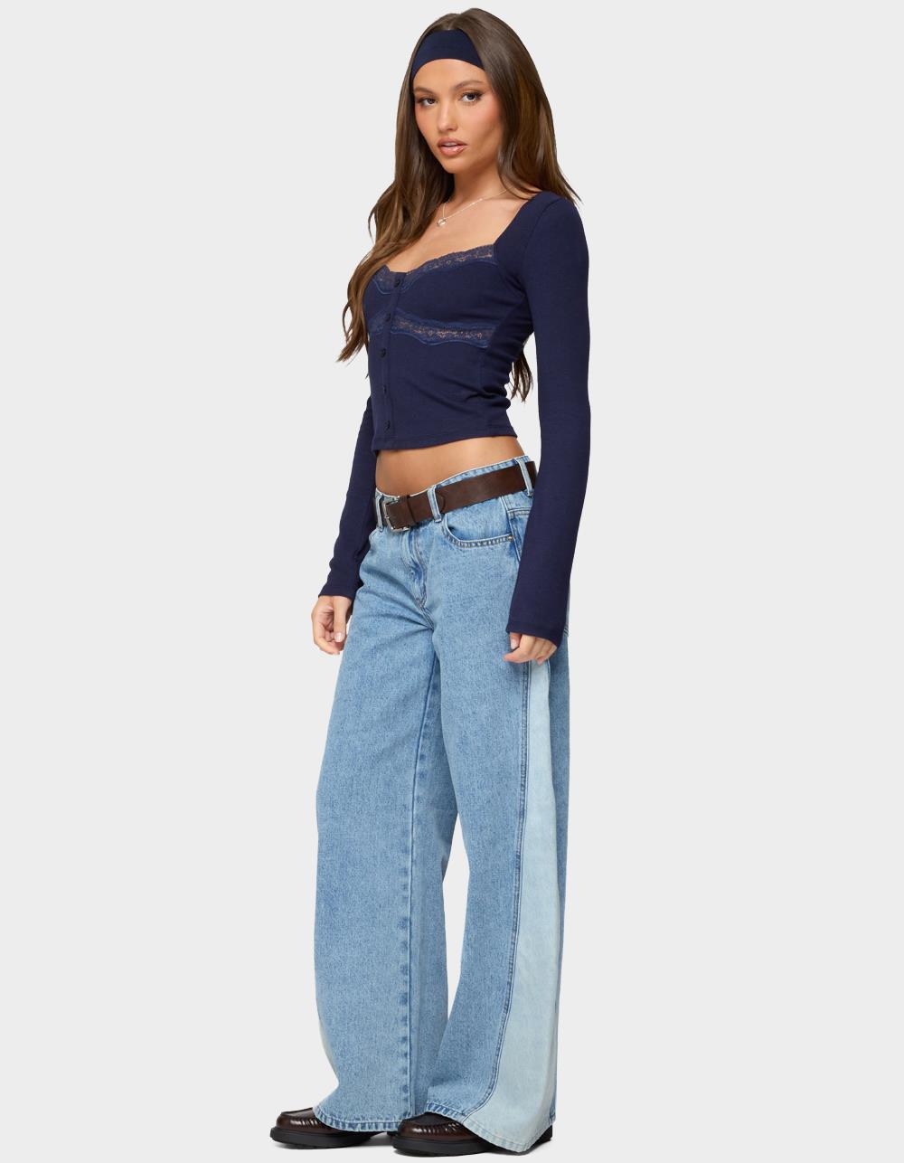 EDIKTED Kathi Lacey Long Sleeve Top - NAVY