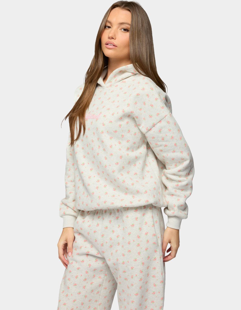 EDIKTED Flower Power Hoodie - LIGHT GRAY