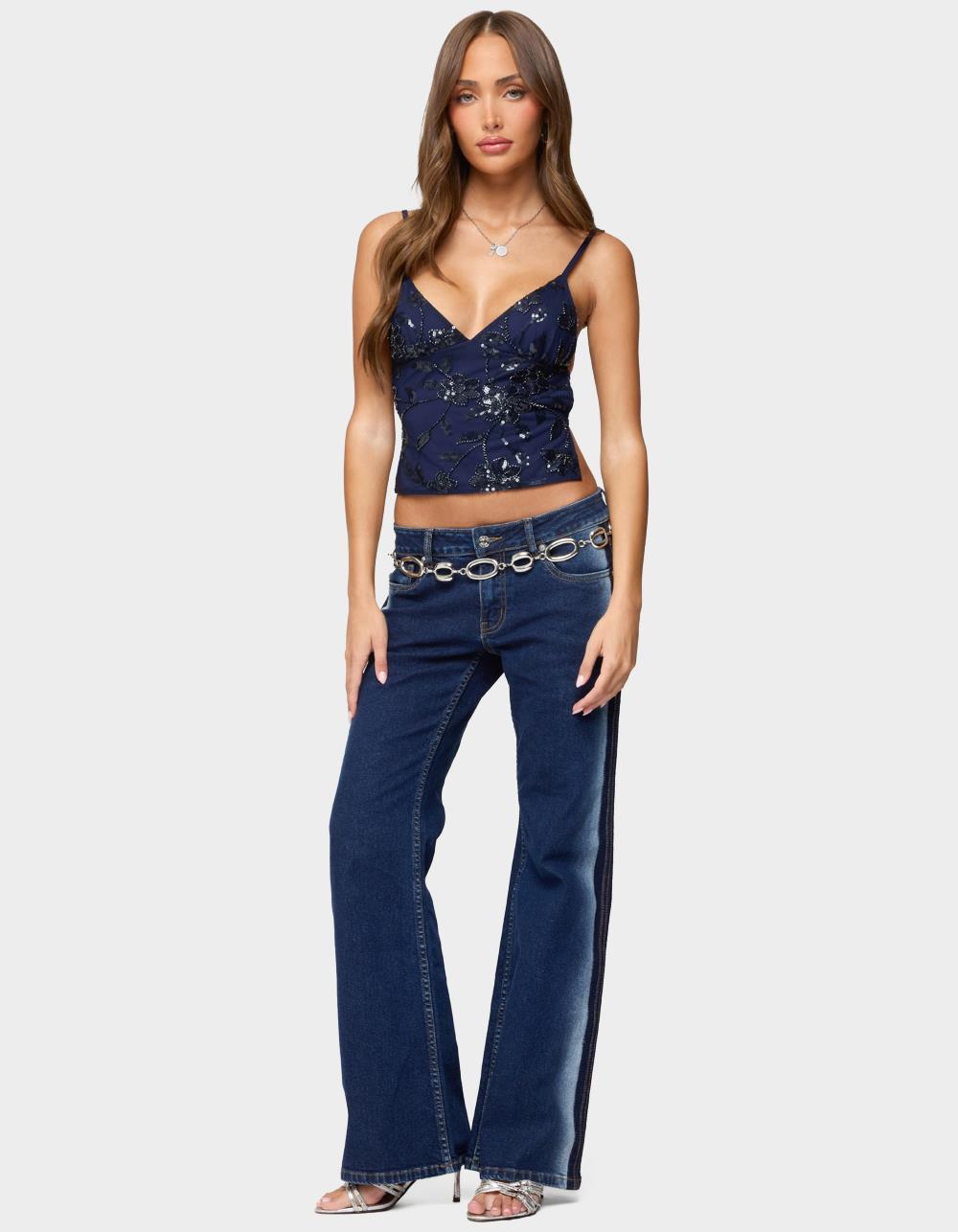 EDIKTED Pia Sequin Floral Backless Top - NAVY