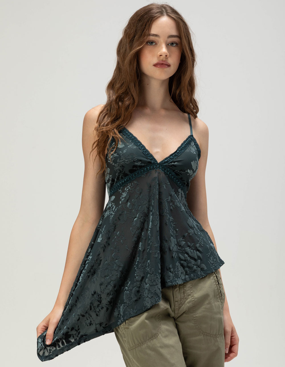 BDG Urban Outfitters Estelle Womens Flocked Cami - TEAL BLUE