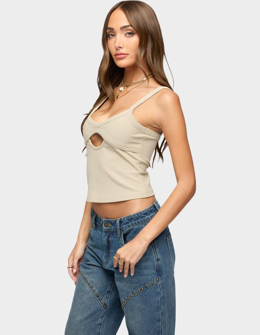 EDIKTED Karin Cut Out Ribbed Tank Top - BEIGE