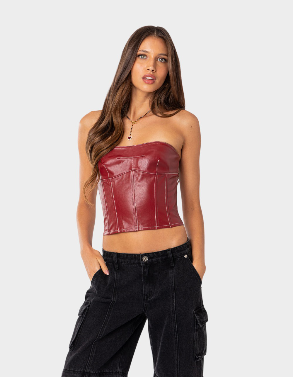 EDIKTED Moss Faux Leather Lace Up Womens Corset Top - DK RED