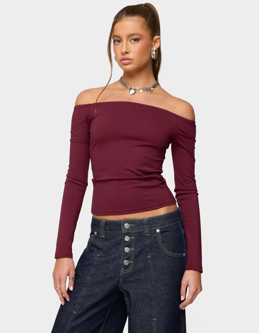 EDIKTED Katie Off Shoulder Long Sleeve Top - PURPLE