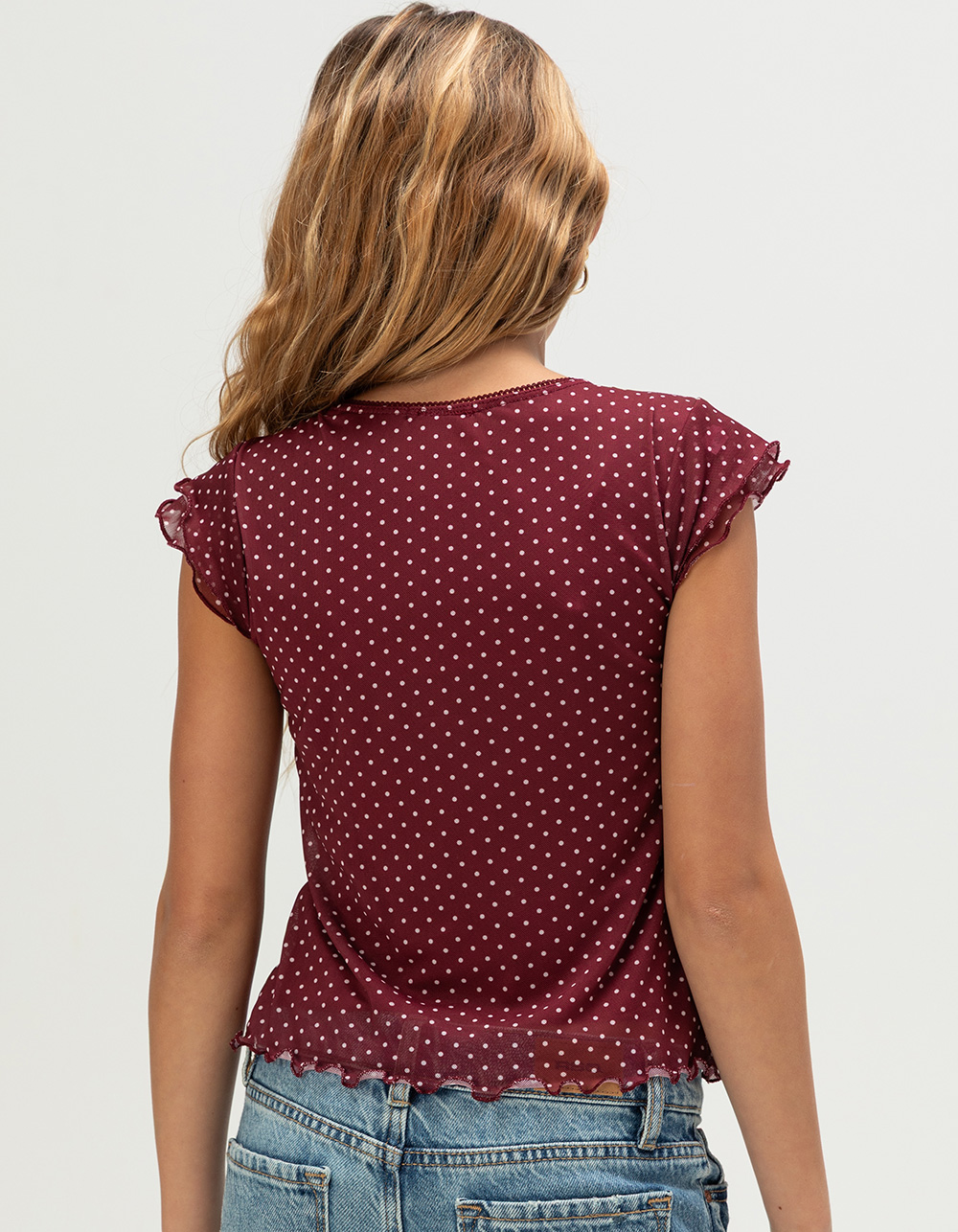 RSQ Girls Polka Dot Mesh Top - BURGUNDY