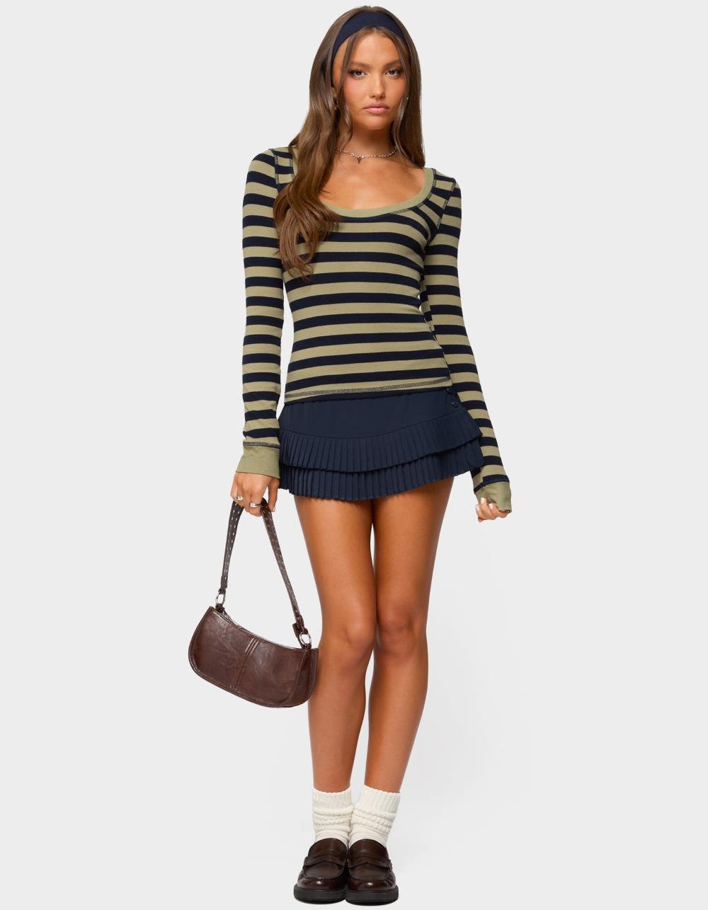 EDIKTED Rainey Striped Long Sleeve Top - DK GREEN