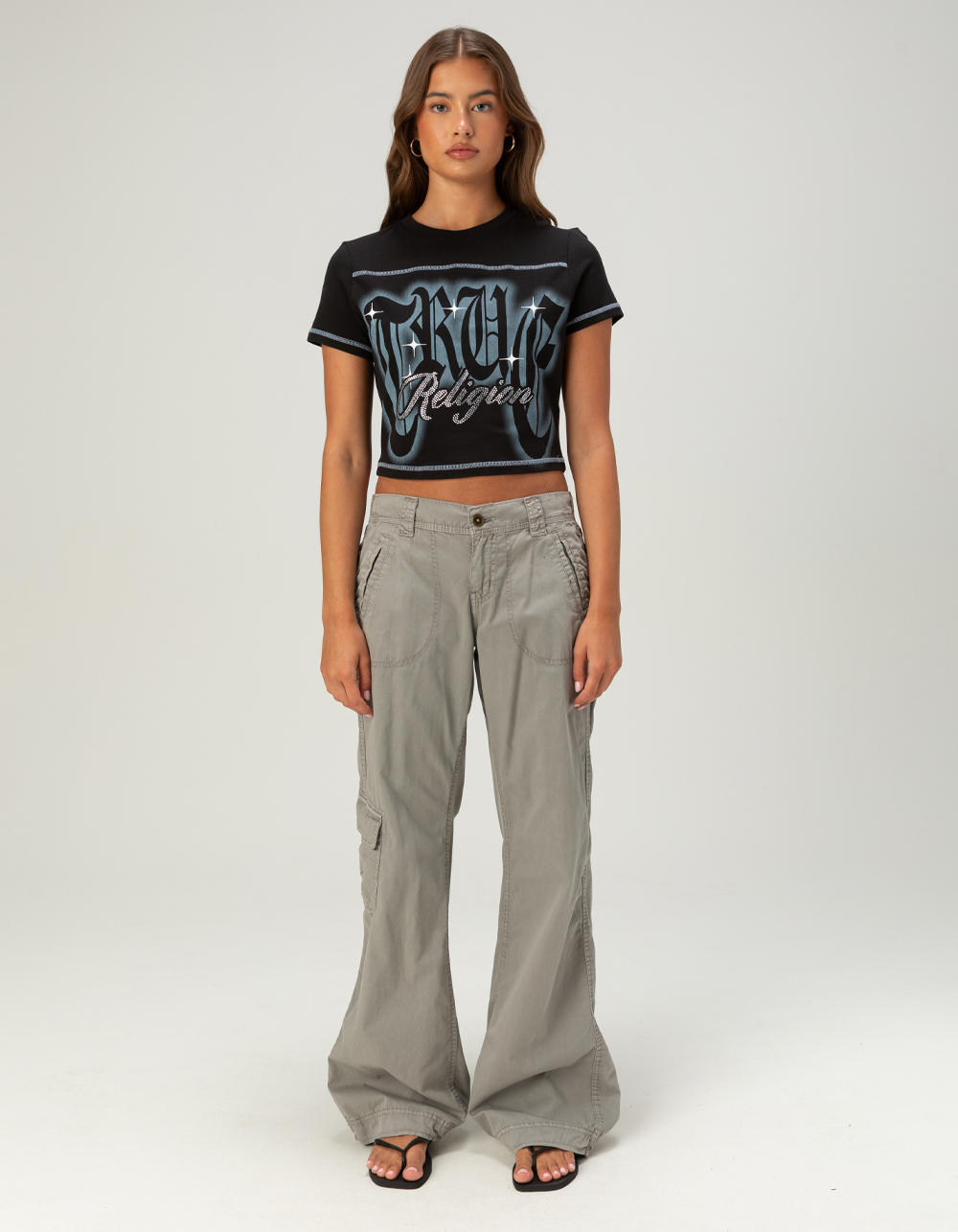 TRUE RELIGION Crystal Logo Womens Baby Tee - BLACK