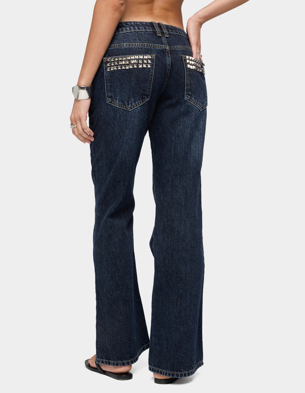 EDIKTED Tyler Studded Low Rise Bootcut Jeans - LIGHT BLUE