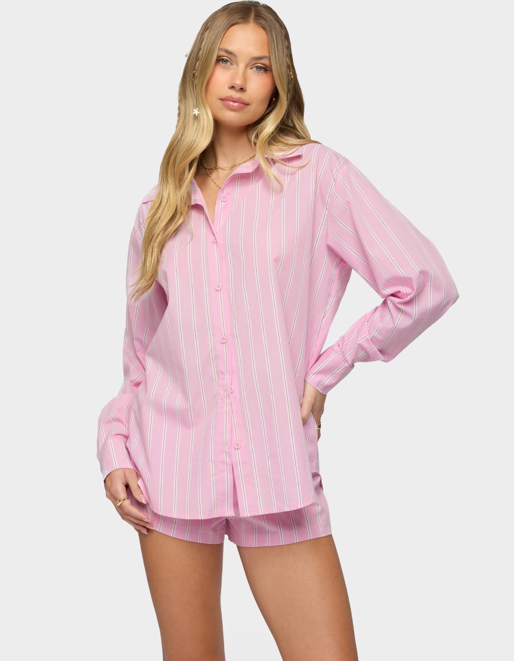EDIKTED Carmella Striped Oversized Shirt - PINK