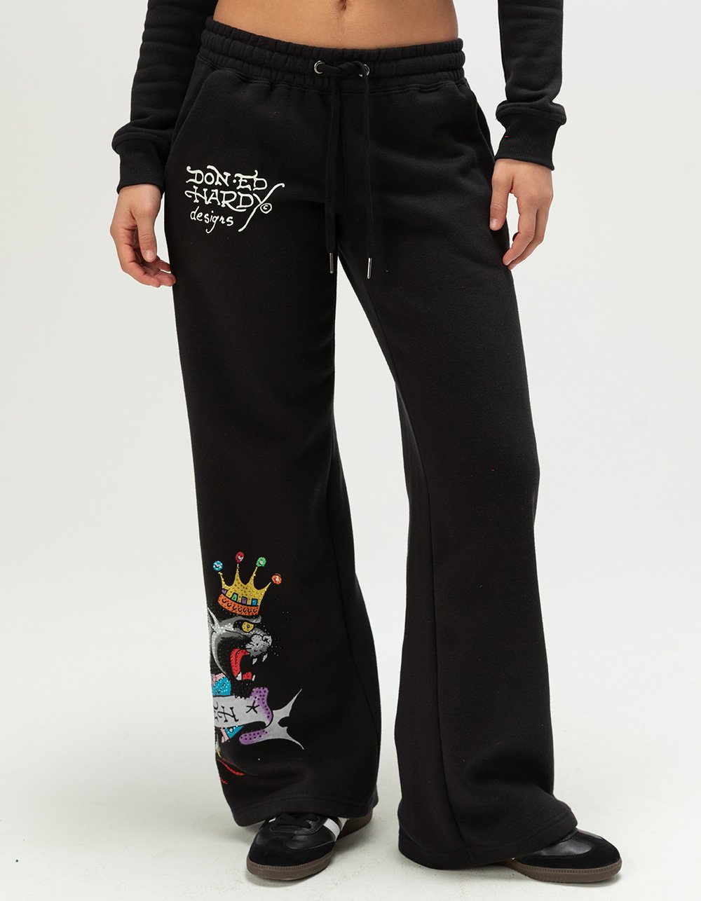 ED HARDY Ice Flower Womens Rhinestone Sweatpants - BLACK