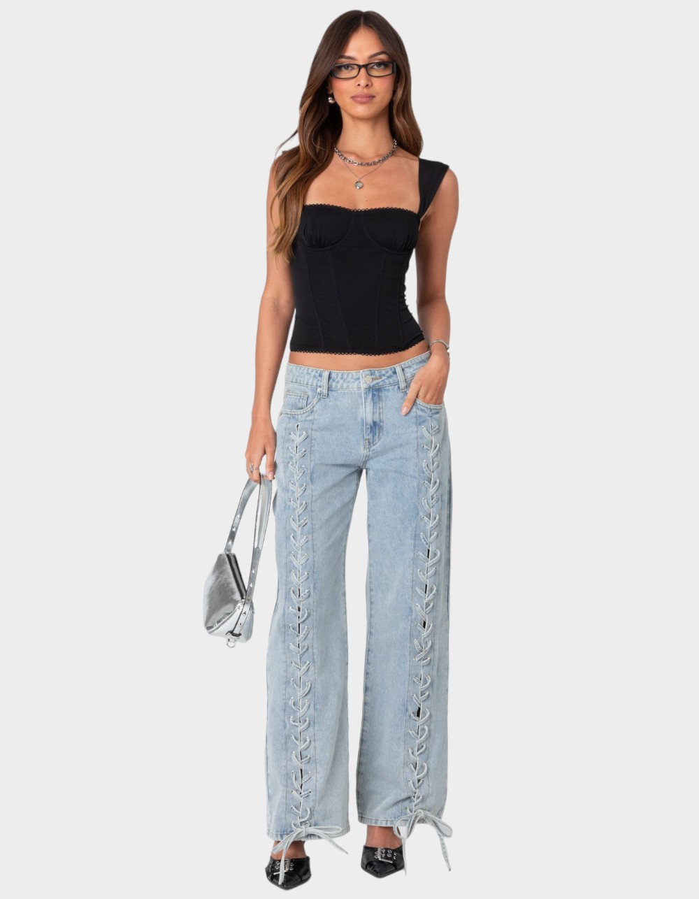 EDIKTED Marcella Wide Strap Mesh Corset - BLACK