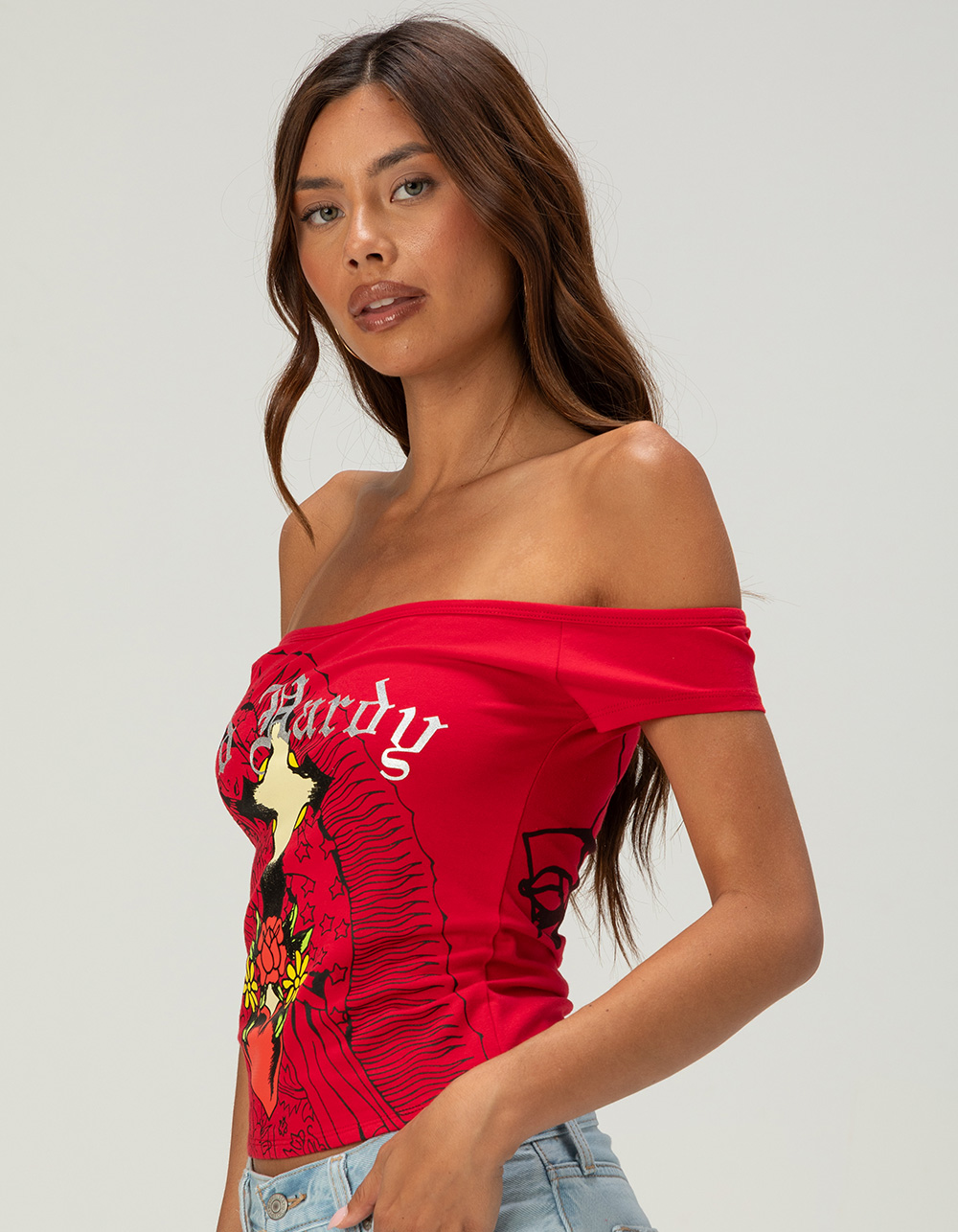 ED HARDY Womens Off The Shoulder Top - RED