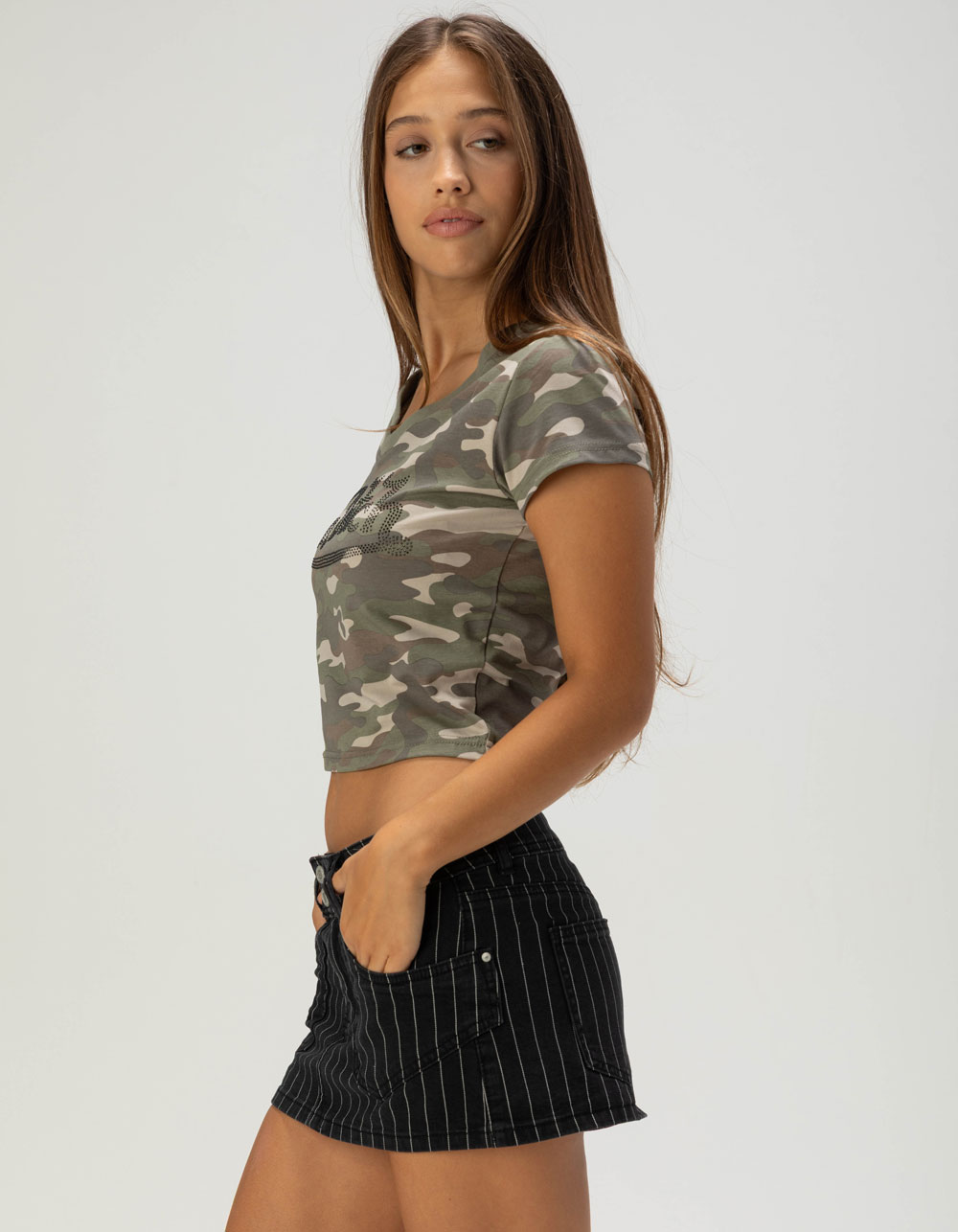 VON DUTCH CAMO Womens Rhinestone V-Neck Tee - GREEN