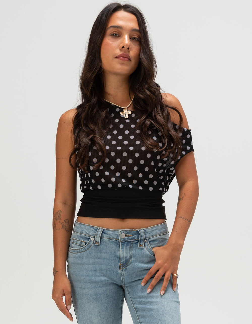 FULL TILT Polka Dot Womens Off The Shoulder Sleeveless Top - BLK/WHT