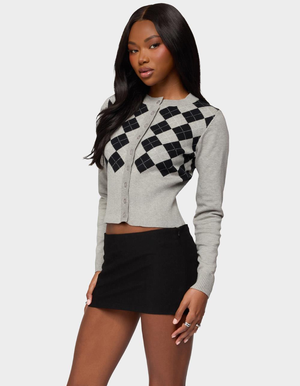 EDIKTED Noya Argyle Knit Cardigan - GRAY