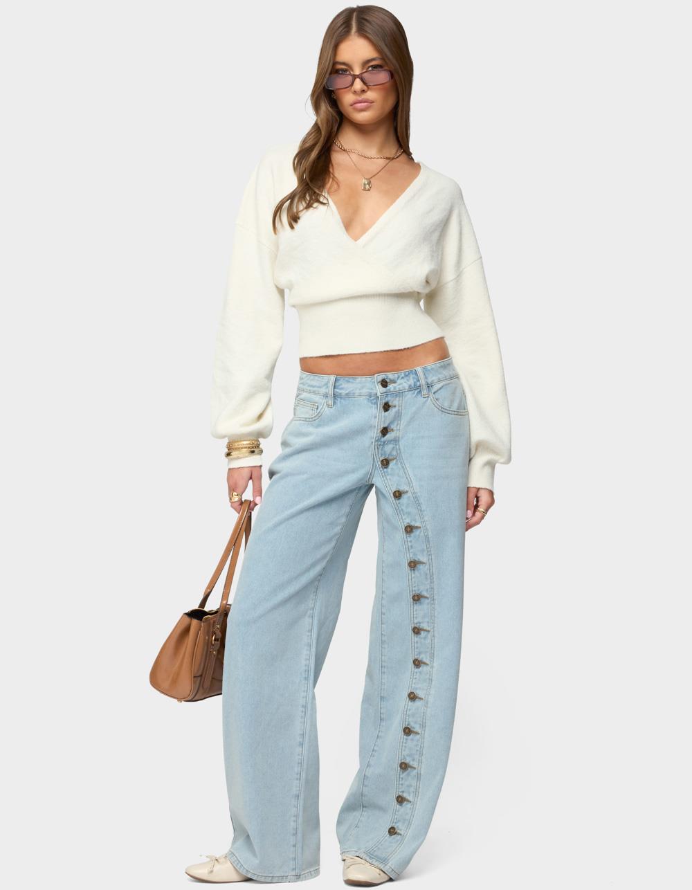 EDIKTED Adison Button Low Rise Baggy Jeans - LIGHT BLUE