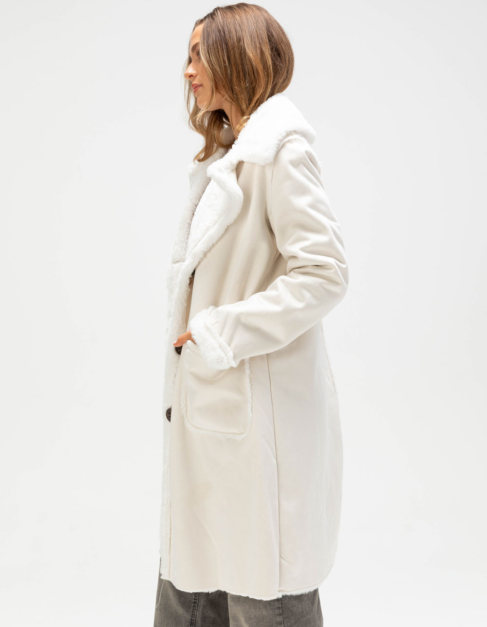 NVLT Shearling Womens Coat - CREAM