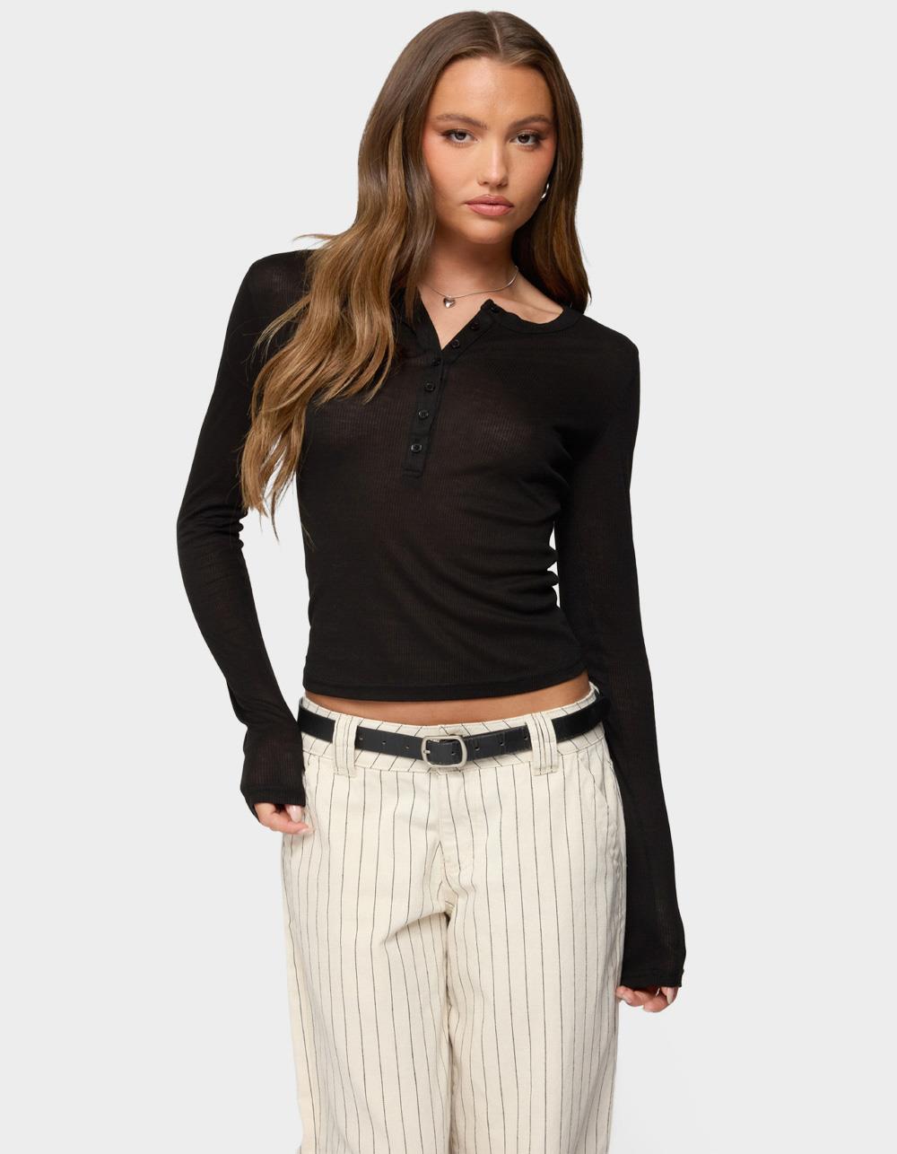 EDIKTED Nettie Ribbed Henley Top - BLACK