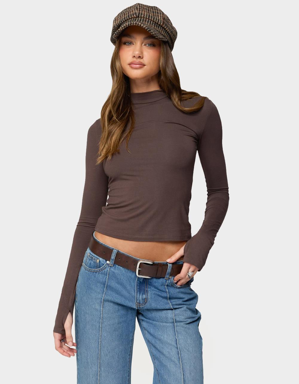 EDIKTED Binta Mock Neck Long Sleeve Top - BROWN