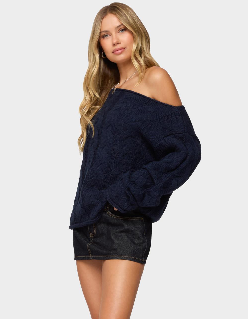 EDIKTED Nellie Off Shoulder Cable Knit Sweater - NAVY
