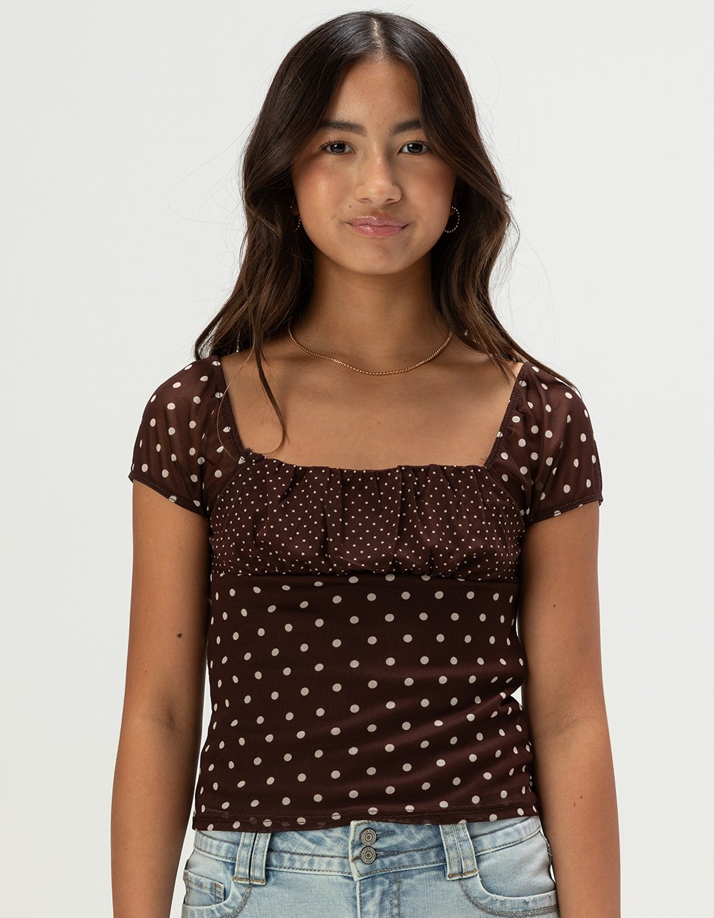 RSQ Girls Emma Mix Dot Mesh Top - BROWN
