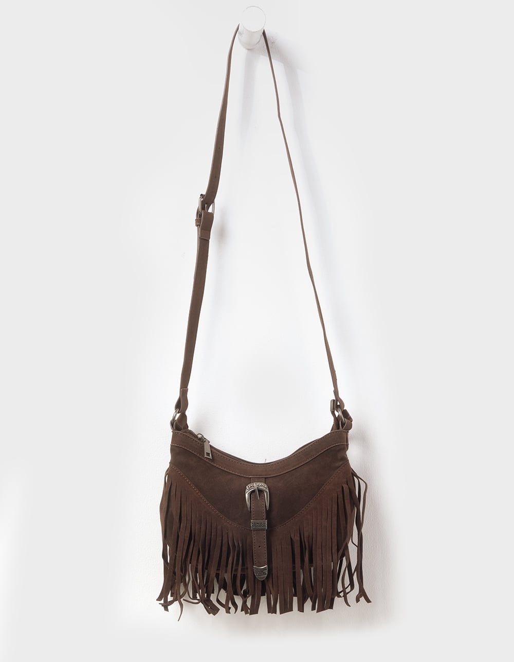 Small Buckle Fringe Bag - DARK BROWN