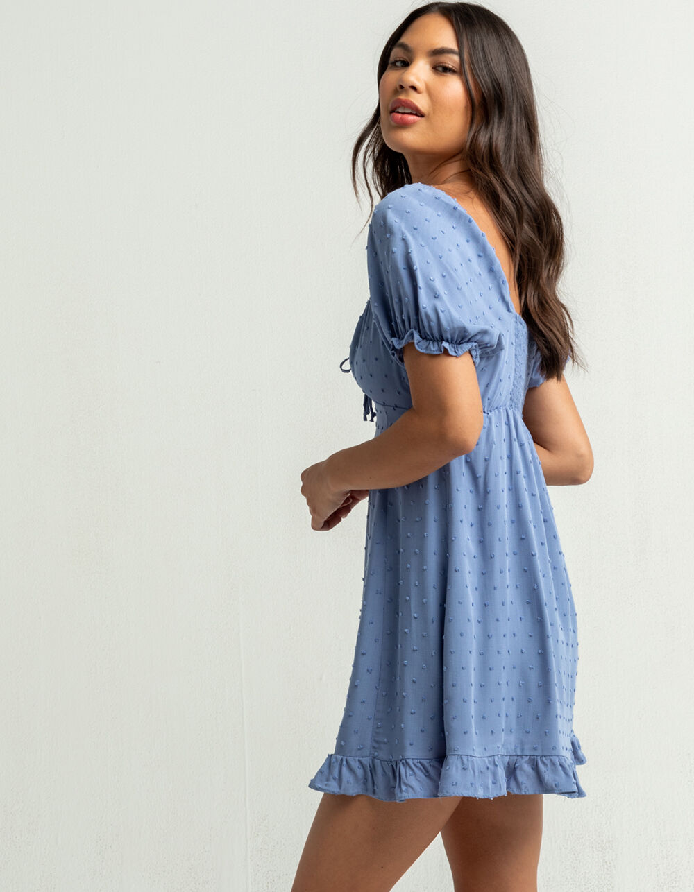 SKY AND SPARROW Swiss Dot Keyhole Babydoll Dress - BLUE | Tillys