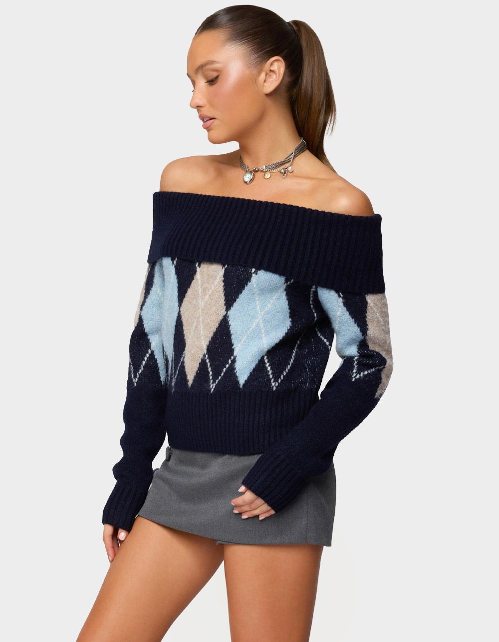 EDIKTED Jakarie Argyle Foldover Sweater - NAVY