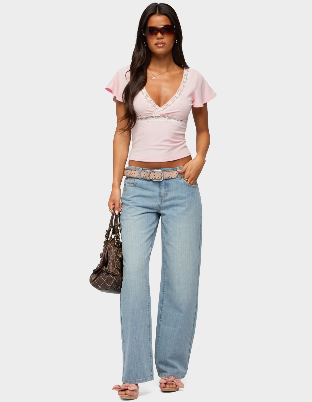 EDIKTED Yvetta Lacey Flutter Sleeve Top - LIGHT PINK